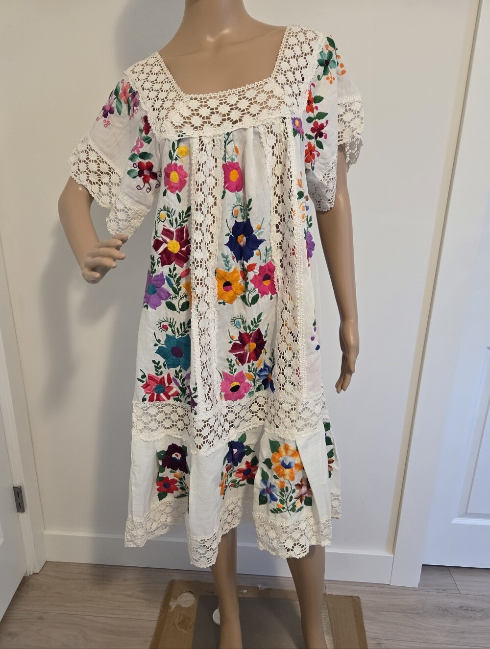 Mexican White Floral Puebla Dress